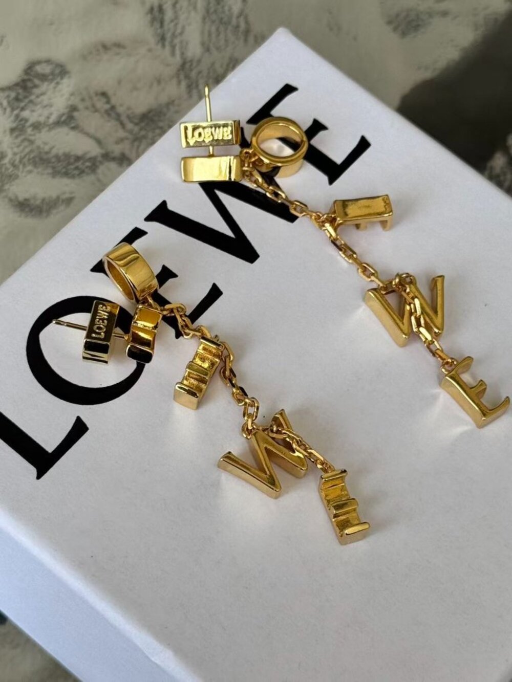 LOEWE Gold Tone Charm Drop Earrings Logo Chain Statement